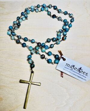 Blue Imperial Rosary Necklace Sediment Jasper Bead Natural Stone Holy Cross NWT